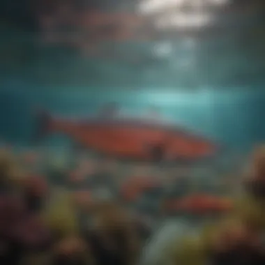 Pacific Salmon Habitat A serene underwater scene showing a school of Pacific salmon swimming.