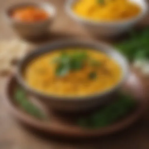 A bowl of yellow split peas dhal garnished with fresh herbs and spices.