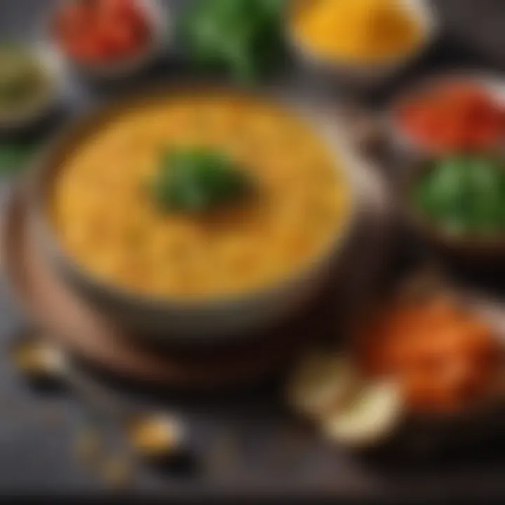 A vibrant dish of yellow split peas dhal paired with rice and vegetables on a dining table.