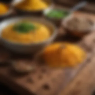 An assortment of spices used in making yellow split peas dhal displayed on a wooden table.