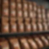 A variety of ground coffee bags on a grocery shelf