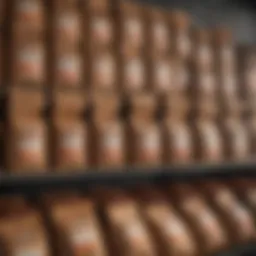 A variety of ground coffee bags on a grocery shelf