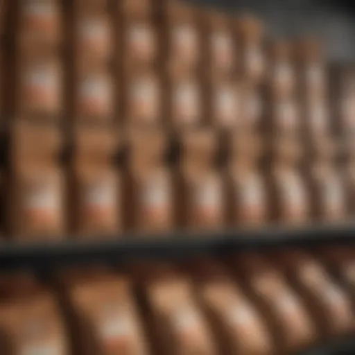 A variety of ground coffee bags on a grocery shelf