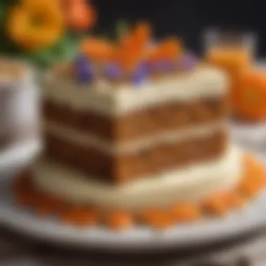 Artistic presentation of carrot cake garnished with walnuts and edible flowers