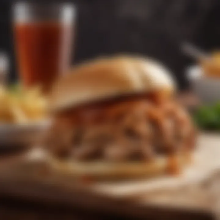 A close-up of a perfectly sauced pulled pork sandwich