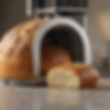 Freshly baked bread emerging from a mini bread making machine with a golden crust