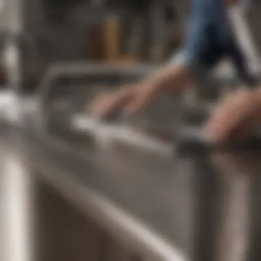 User applying cleaner to stainless steel surface