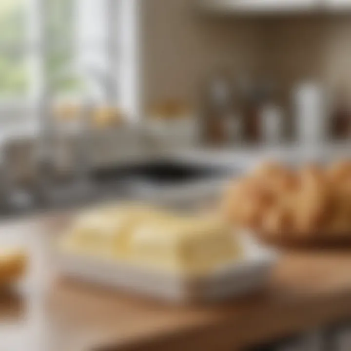 A modern kitchen featuring a Corning Ware butter dish in use