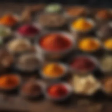 A vibrant array of spices commonly used in Indian cuisine, showcasing their rich colors and textures.