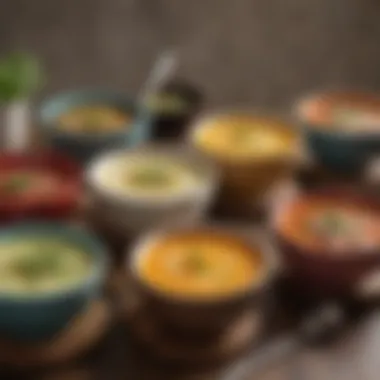 A colorful array of keto soup bowls on a rustic table