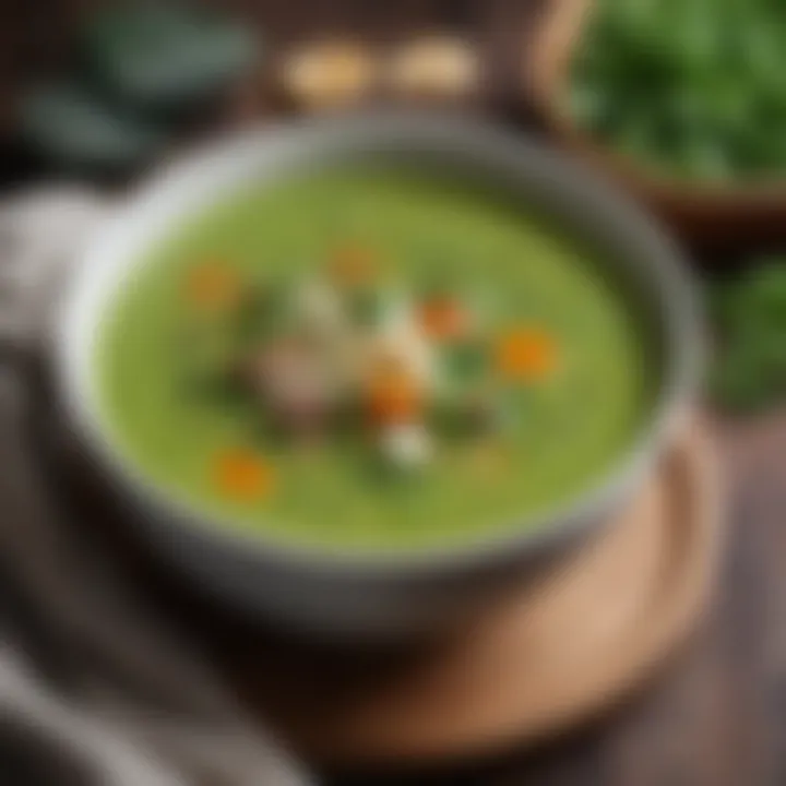 A bowl of vibrant green keto soup garnished with fresh herbs