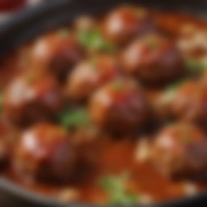 A close-up shot of succulent meatballs glistening in rich BBQ sauce, highlighting texture and flavor.