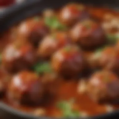 Succulent Meatballs in BBQ Sauce A close-up shot of succulent meatballs glistening in rich BBQ sauce, highlighting texture and flavor.