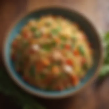 A colorful bowl of fried rice garnished with fresh herbs and vegetables