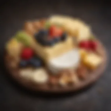 A beautifully arranged cheese platter with fresh fruits and nuts