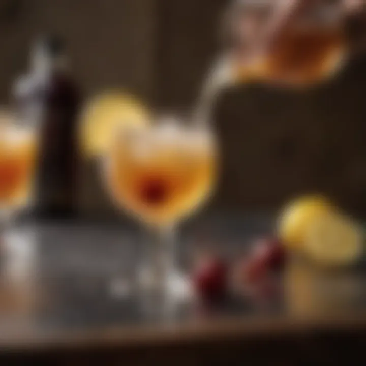 A close-up of the whiskey sour garnished with a lemon twist and cherry