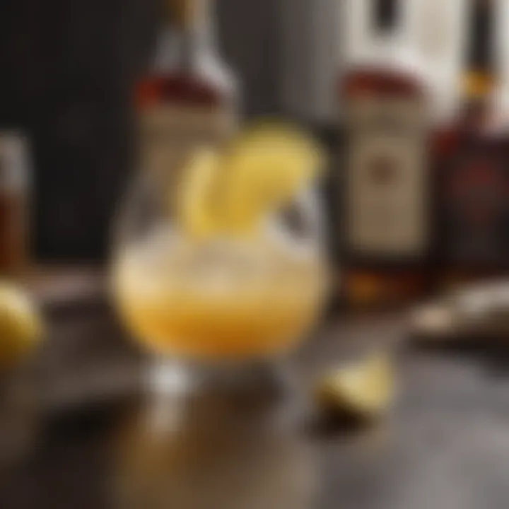 An elegant display of whiskey ingredients including whiskey, lemon juice, and egg white