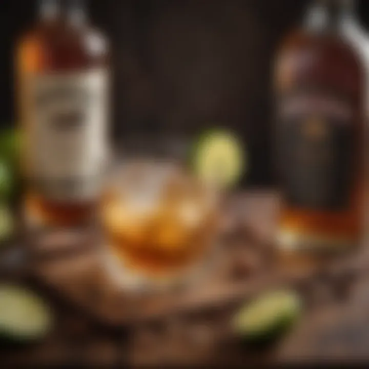 A collection of essential ingredients for a whisky mule including whisky, ginger beer, and lime