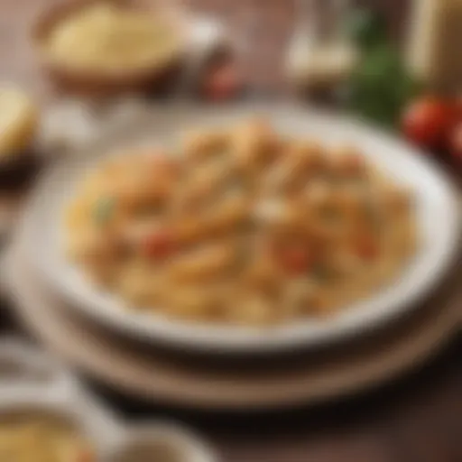 A vibrant platter of chicken pasta adorned with cream cheese sauce