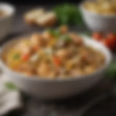 Elegant Presentation of Chicken Pasta An elegant bowl of chicken pasta garnished with herbs and cheese
