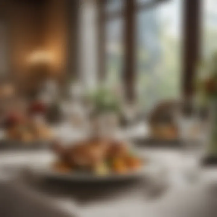 An elegant dining setting with intricate table arrangements