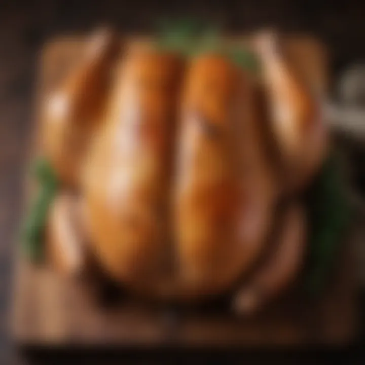 Golden-brown whole chicken resting on a wooden cutting board