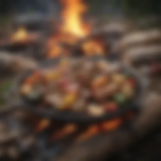 A hearty campfire meal featuring grilled vegetables and meat.