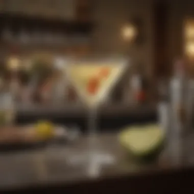 A stylish bar scene featuring the preparation of a Dirty Martini