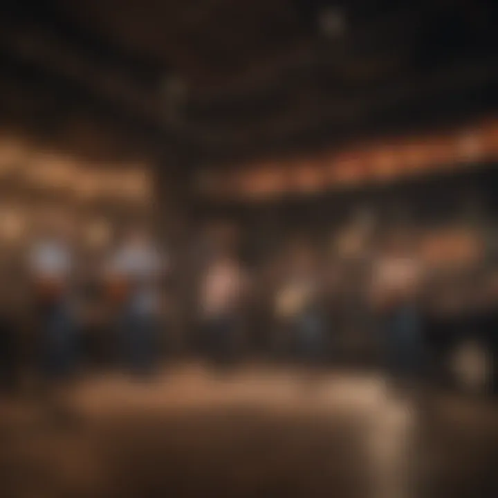 Musicians performing on stage in a bustling venue
