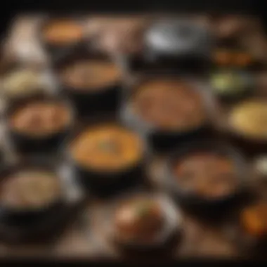 A beautifully arranged table displaying various dishes cooked in a Dutch oven.