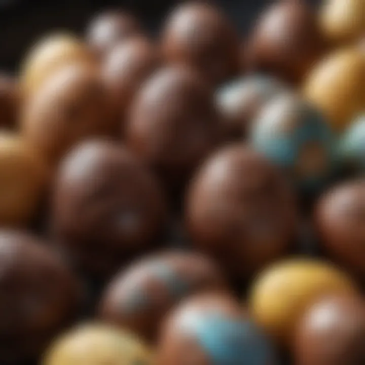 A close-up of intricately designed Easter egg chocolates