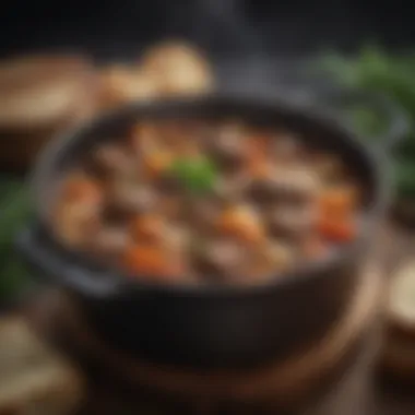 A rich and hearty beef stew simmering in a Dutch oven, garnished with herbs