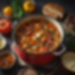 A beautifully arranged Dutch oven filled with a vibrant vegetable stew