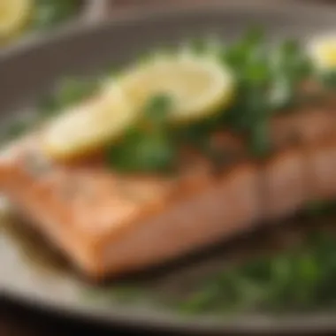 A delicious salmon fillet garnished with lemon and greens