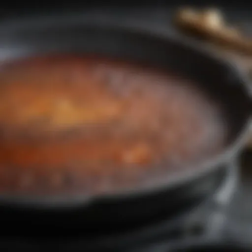 Close-up of a cast iron skillet showcasing its seasoned surface