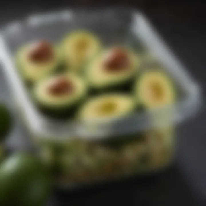 A close-up of avocados being preserved in an airtight container.