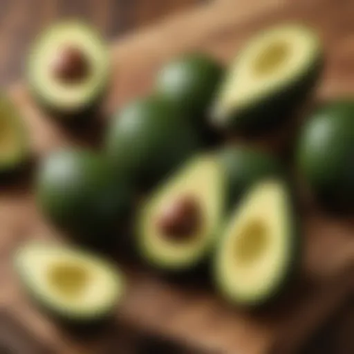 Fresh avocados displayed on a wooden surface, showcasing their vibrant green color.