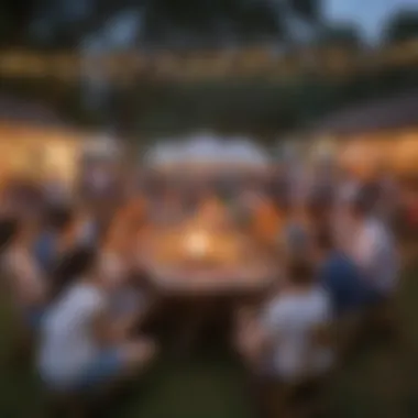 A vibrant outdoor engagement celebration with guests enjoying games and activities