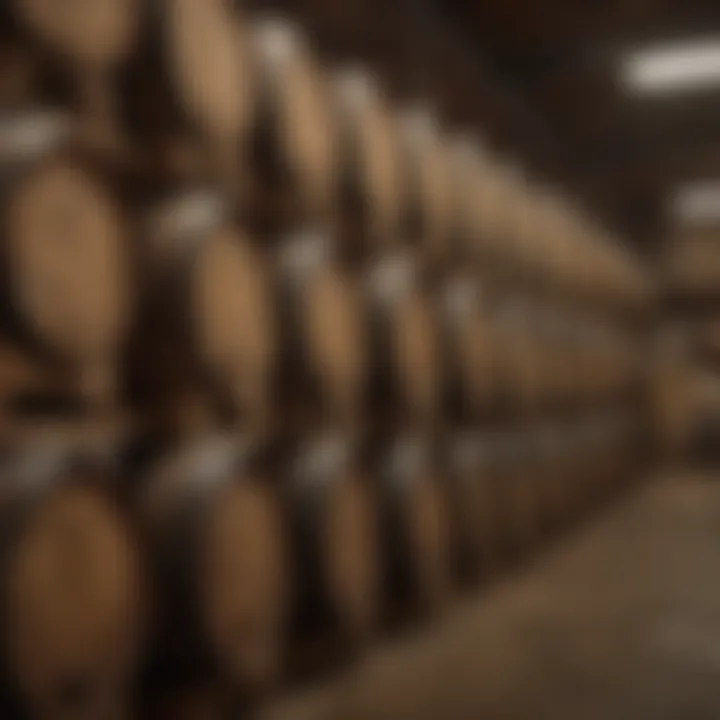 A detailed shot of bourbon barrels aging in a warehouse