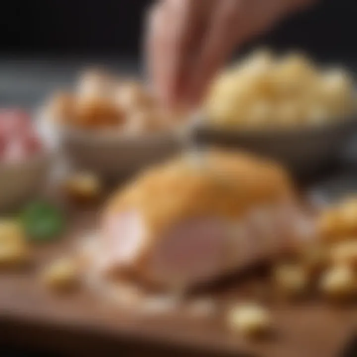 An array of ingredients for Chicken Cordon Bleu including chicken, cheese, and breading.