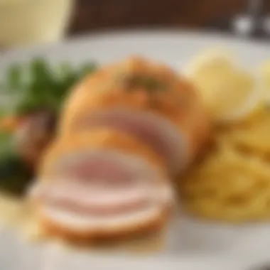 Gourmet Presentation of Chicken Cordon Bleu A beautifully plated Chicken Cordon Bleu garnished with herbs and lemon.