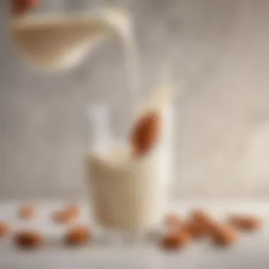 A close-up of almond milk being poured into a glass.