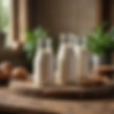Plant-Based Milk Alternatives A variety of plant-based milk alternatives displayed in a rustic setting.