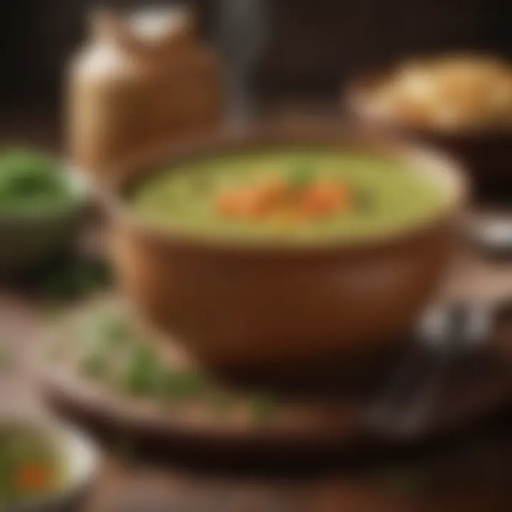 A steaming bowl of Anderson's Split Pea Soup showcasing its vibrant green color and hearty texture.