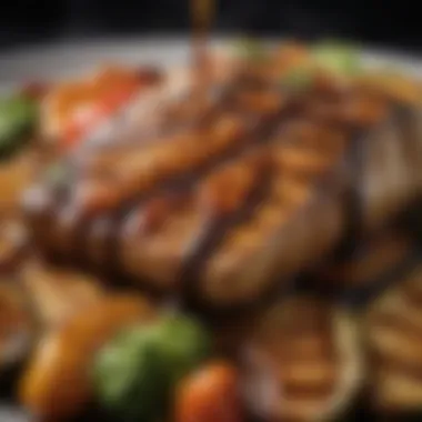 A close-up view of teriyaki sauce drizzled over grilled vegetables