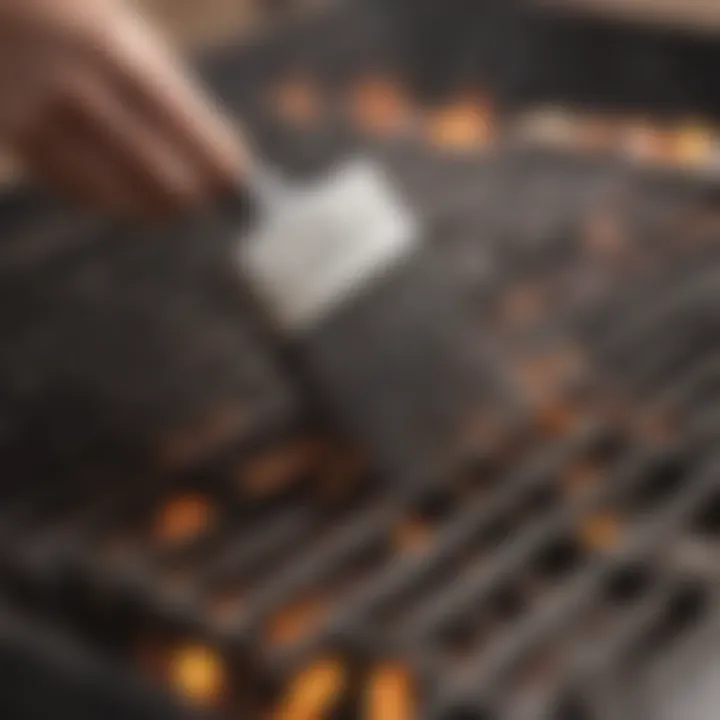 User applying a BBQ brush to grill grates