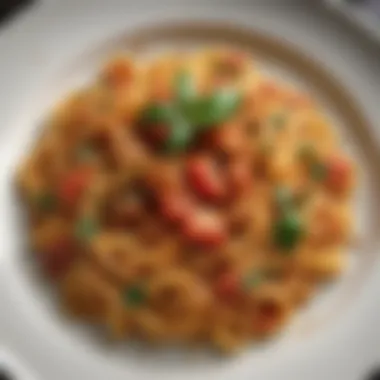 A close-up of a beautifully plated pasta dish showcasing rich sauces and fresh ingredients