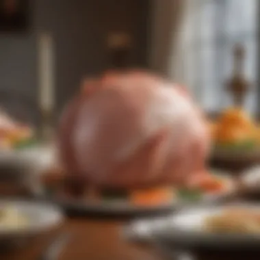 An elegant dining table set with bone-in ham as the centerpiece