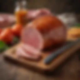 A beautifully glazed bone-in ham placed on a wooden cutting board