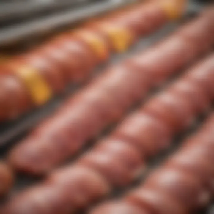 A variety of bone-in hams displayed in a grocery section